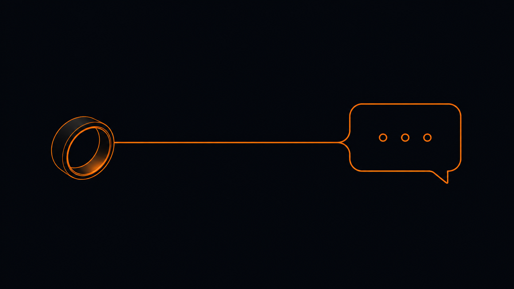 A smart ring with a thin orange line running from it into a chat bubble with three dots, drawn in orange lines on a near-black background